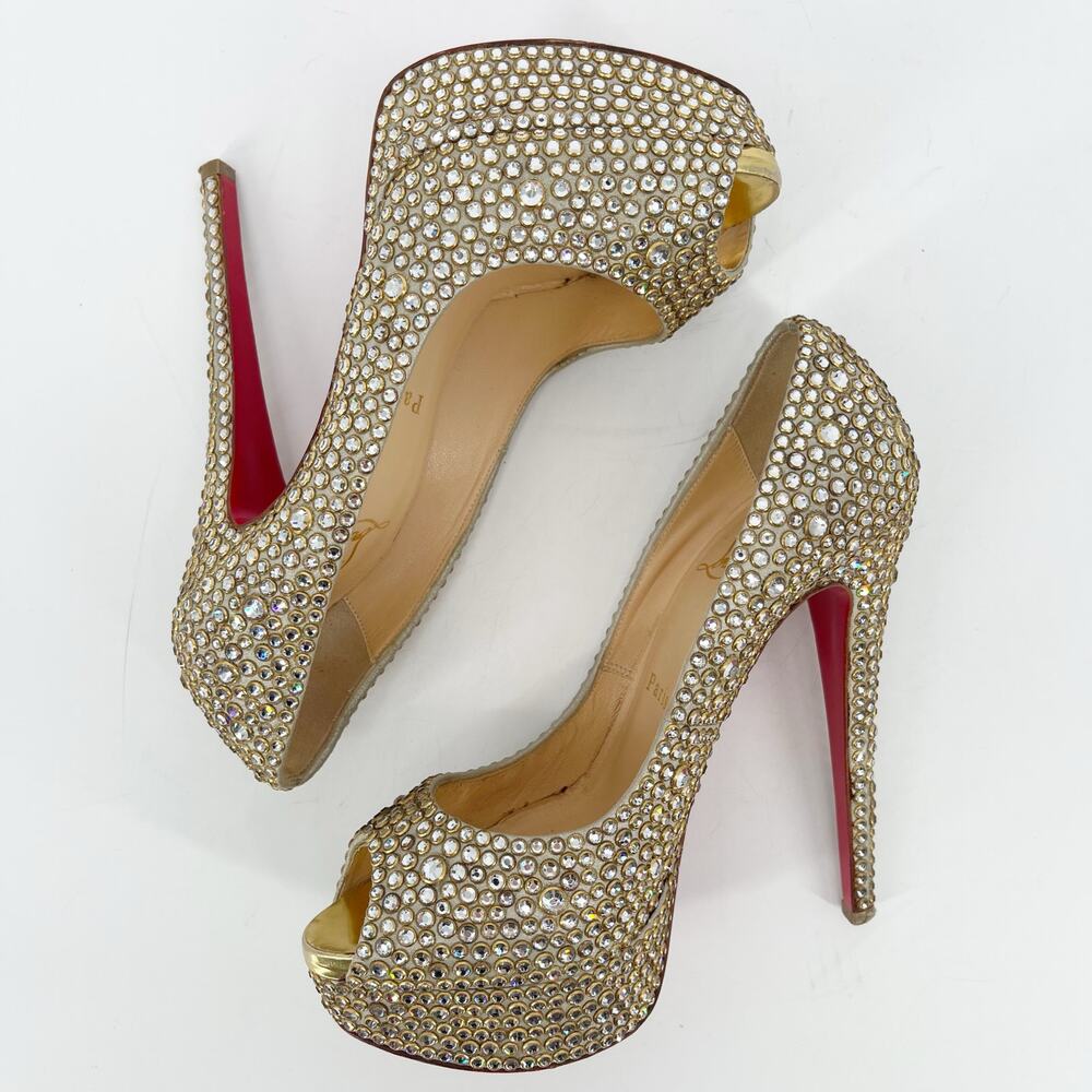 Christian Louboutin Gold Lady Peep 150 Ring Strass Platform Peep Toe Heels EU 37 - Picture 5 of 12